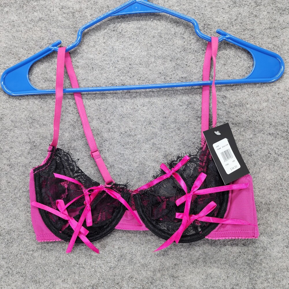 Fredericks of Hollywood Bra Womens 34B Jade Black Pink Bows